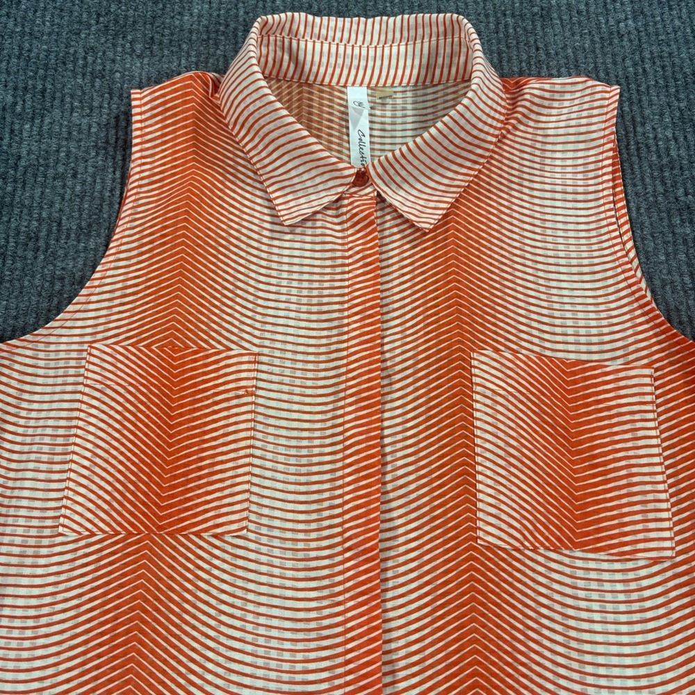 NY Collection Sleeveless Blouse Women Large Orange White Chevron Button Up Top
